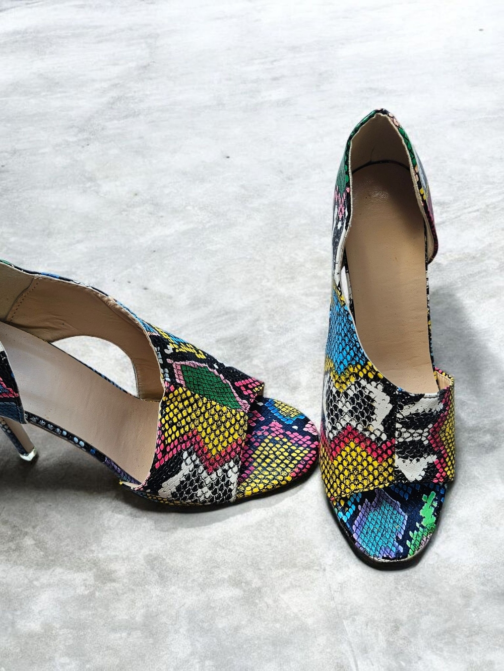 Multicolor Snake-Print Peep-Toe Heels